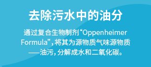 去除污水中的油分：通过复合生物制剂“Oppenheimer Formula”，将其为源物质气味源物质——油污，分解成水和二氧化碳。