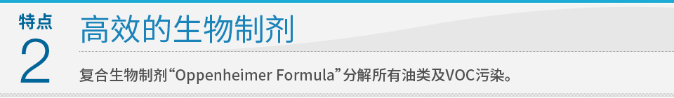 特点2 高效的生物制剂：复合生物制剂“Oppenheimer Formula”分解所有油类及VOC污染。